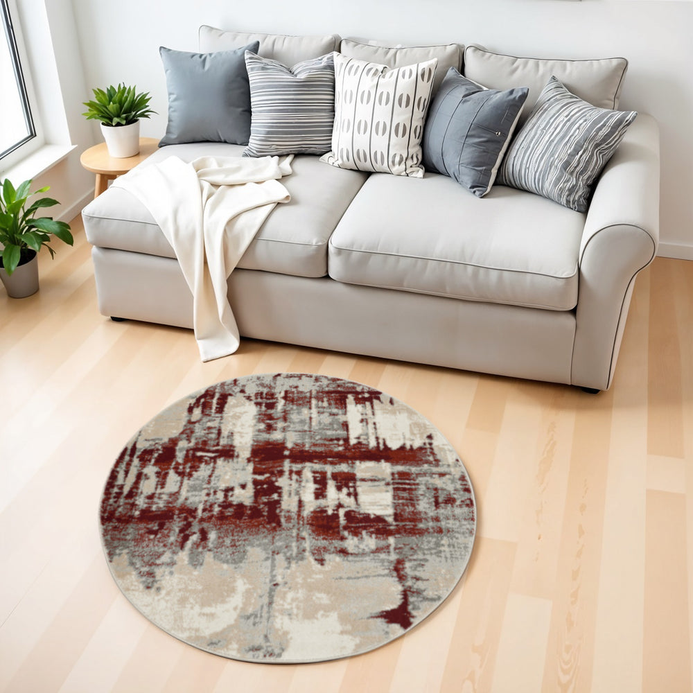 Homeroots 4' Ivory Red And Gray Abstract Round Rug  Polyester 552465