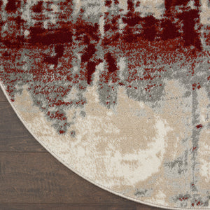 Homeroots 4' Ivory Red And Gray Abstract Round Rug  Polyester 552465