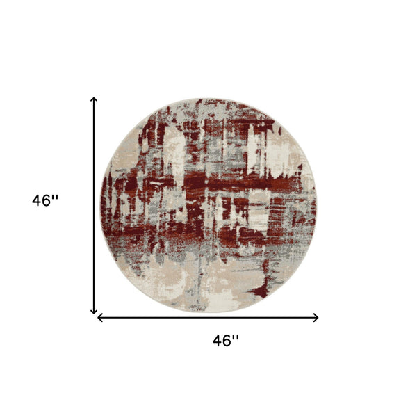 Homeroots 4' Ivory Red And Gray Abstract Round Rug  Polyester 552465