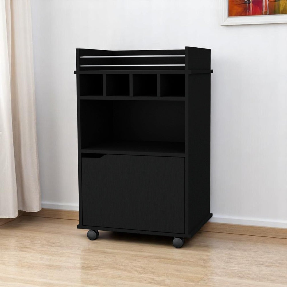 HomeRoots 22" Black Wood Rolling Bar Cart - Stylish Mobile Beverage Station with Wine Storage & Cabinets 552470