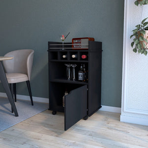 HomeRoots 22" Black Wood Rolling Bar Cart - Stylish Mobile Beverage Station with Wine Storage & Cabinets 552470