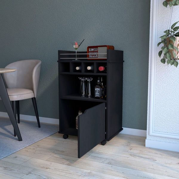 HomeRoots 22" Black Wood Rolling Bar Cart - Stylish Mobile Beverage Station with Wine Storage & Cabinets 552470