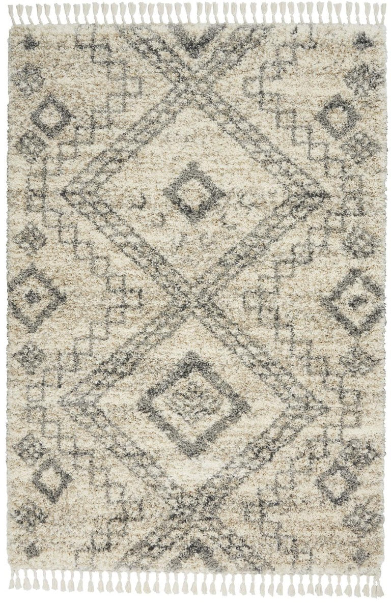 HomeRoots 4 Ft Plush Shag Area Rug Beige Gray Geometric Fringe Polypropylene Non Slip 552483