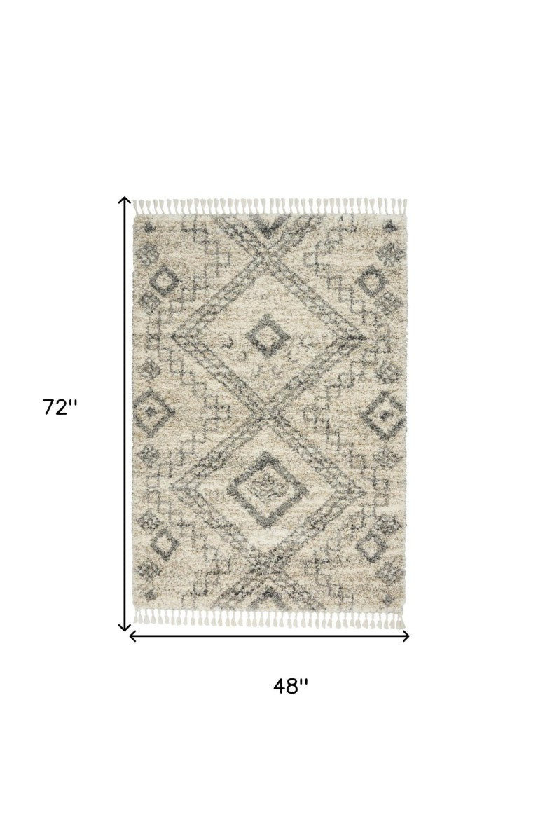 HomeRoots 4 Ft Plush Shag Area Rug Beige Gray Geometric Fringe Polypropylene Non Slip 552483