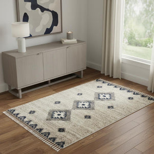4 X 6 Geometric Shag Area Rug Ivory Blue Gray Polypropylene Non Slip Fringe