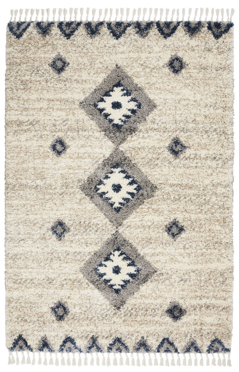HomeRoots 4 X 6 Geometric Shag Area Rug Ivory Blue Gray Polypropylene Non Slip Fringe 552484