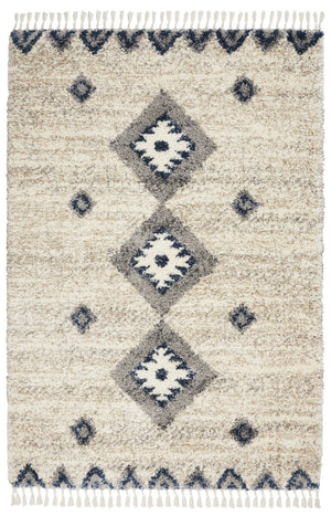 HomeRoots 4 X 6 Geometric Shag Area Rug Ivory Blue Gray Polypropylene Non Slip Fringe 552484