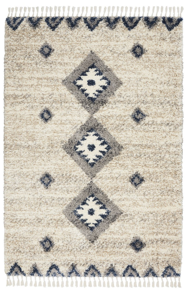 HomeRoots 4 X 6 Geometric Shag Area Rug Ivory Blue Gray Polypropylene Non Slip Fringe 552484