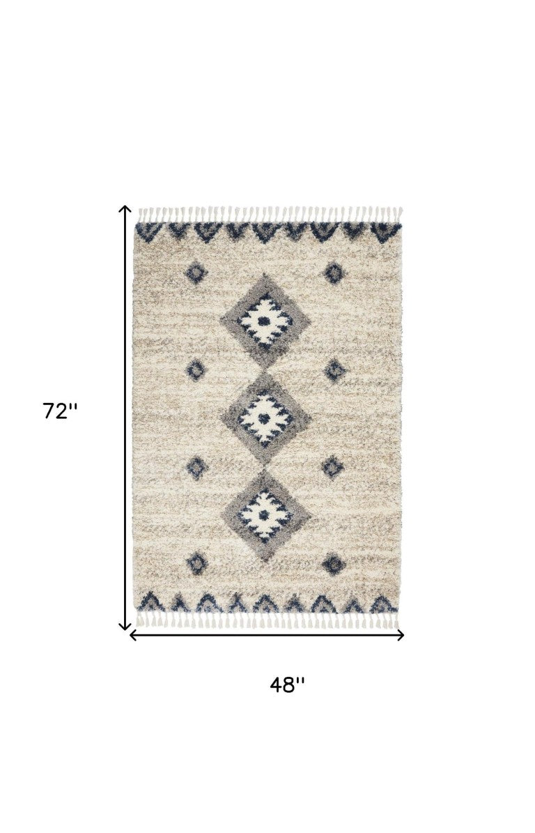 HomeRoots 4 X 6 Geometric Shag Area Rug Ivory Blue Gray Polypropylene Non Slip Fringe 552484