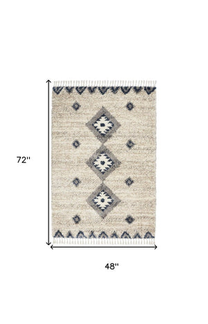 4 X 6 Geometric Shag Area Rug Ivory Blue Gray Polypropylene Non Slip Fringe