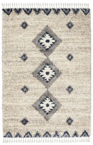 4 X 6 Geometric Shag Area Rug Ivory Blue Gray Polypropylene Non Slip Fringe