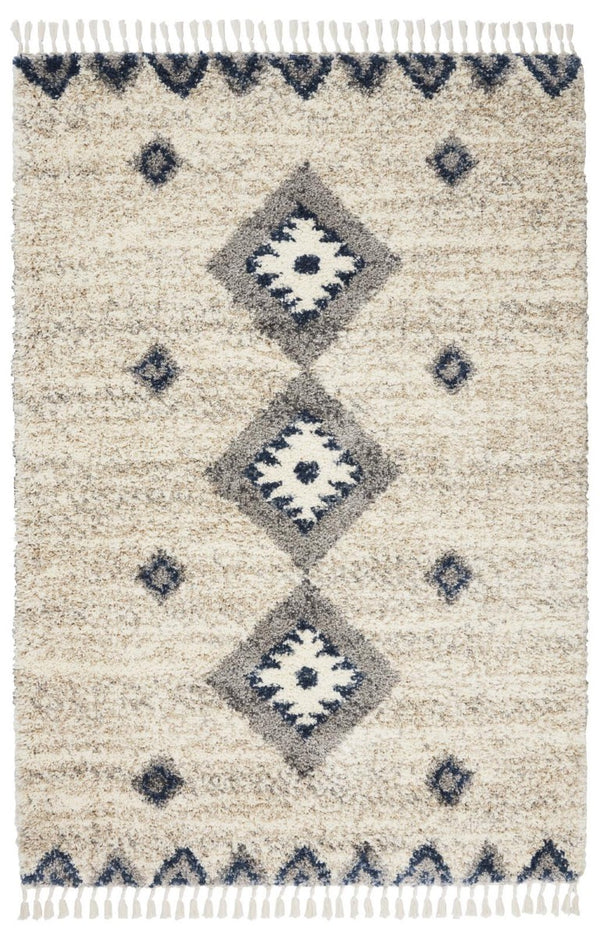 4 X 6 Geometric Shag Area Rug Ivory Blue Gray Polypropylene Non Slip Fringe