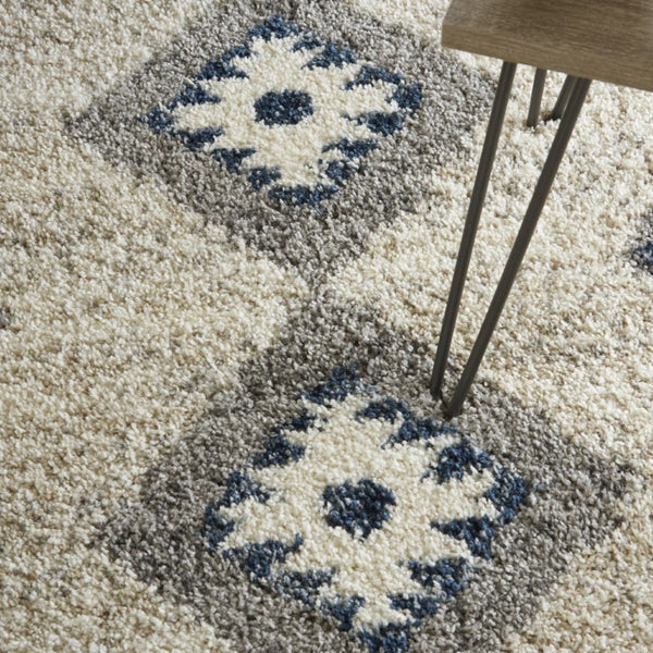 4 X 6 Geometric Shag Area Rug Ivory Blue Gray Polypropylene Non Slip Fringe