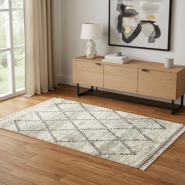 4 X 6 Ivory Gray Geometric Shag Rug Polypropylene Non Slip Fringe Accent