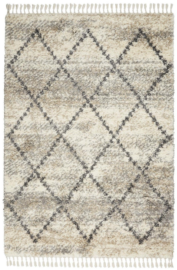 HomeRoots 4 X 6 Ivory Gray Geometric Shag Rug Polypropylene Non Slip Fringe Accent 552485