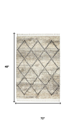 4 X 6 Ivory Gray Geometric Shag Rug Polypropylene Non Slip Fringe Accent