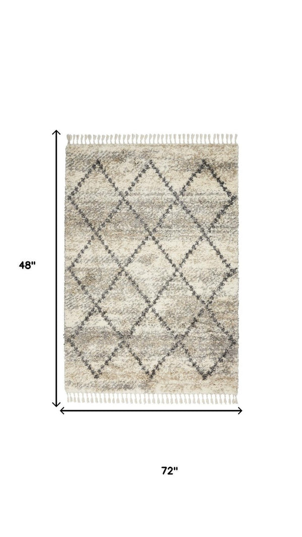4 X 6 Ivory Gray Geometric Shag Rug Polypropylene Non Slip Fringe Accent