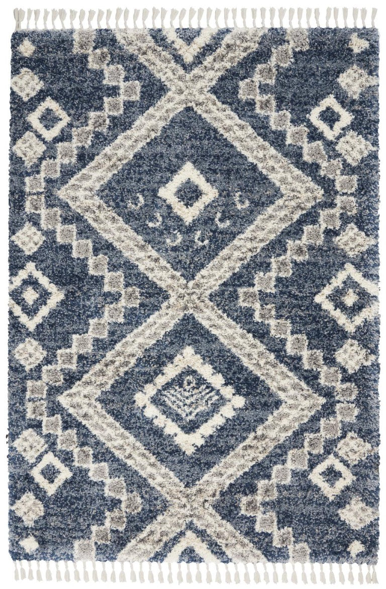 HomeRoots 4x6 Geometric Shag Rug in Denim Blue Ivory with Fringe Polypropylene Pile 552487