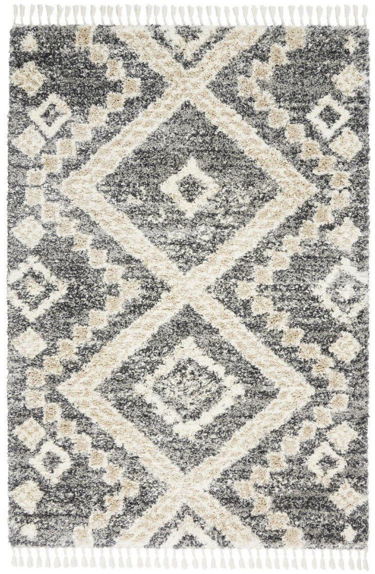 HomeRoots 4 X 6 Ivory Gray Geometric Shag Area Rug with Fringe and Non-skid Polypropylene Pile 552488