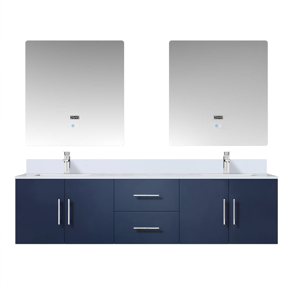 English Elm Navy Double Bath Vanity 72" W x 22" D with White Quartz Top, Chrome Faucets, 30" LED Mirrors, Durable B2731S01094