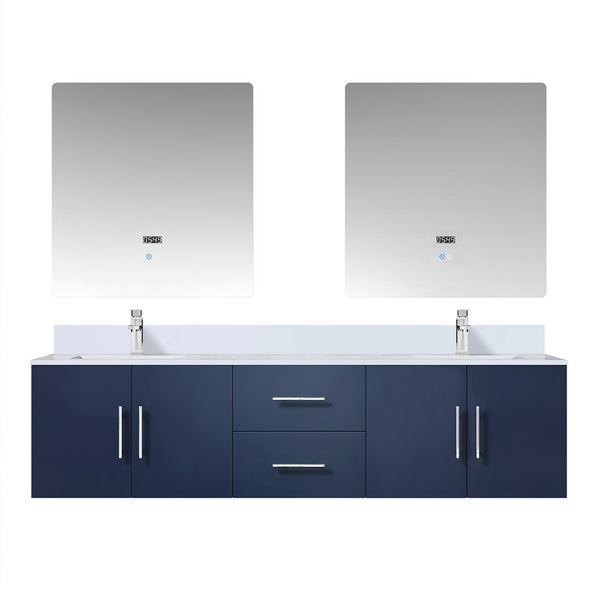 English Elm Navy Double Bath Vanity 72" W x 22" D with White Quartz Top, Chrome Faucets, 30" LED Mirrors, Durable B2731S01094