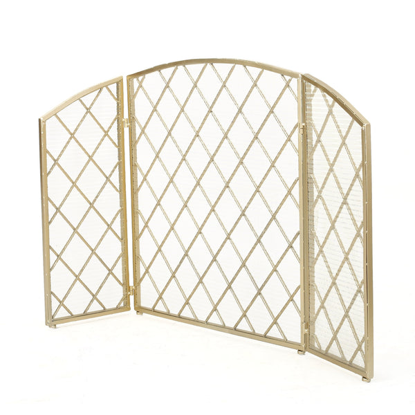 English Elm Christopher Knight Home® - FIRE Amiyah 3-Panel Iron Fireplace Screen - Decorative Protective Mesh Shield for Hearth Safety and Style Gold 61127.00GLD