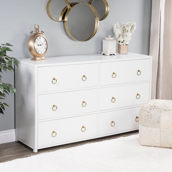 Lark Stylish 6 Drawer Dresser in White - Minimalist Acacia & Pine Wood Storage for Modern Spaces