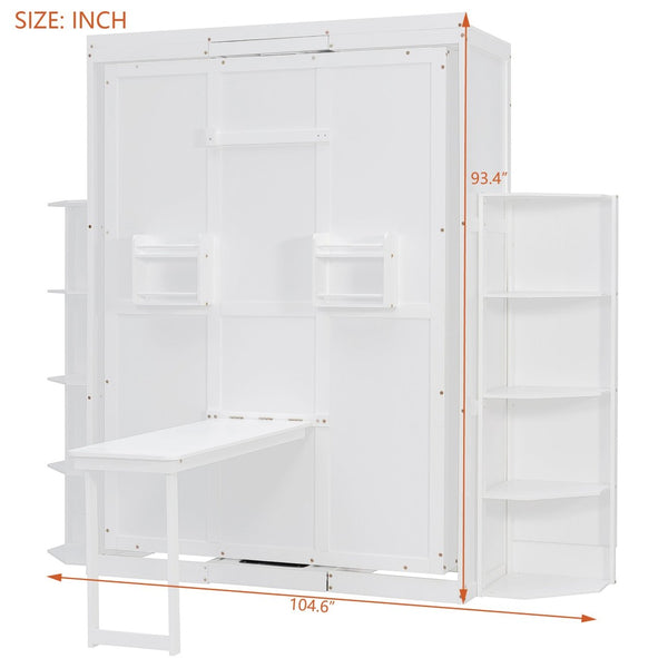 English Elm Rotating Murphy Wall Bed with Convertible Desk Dual Side Shelves Full Size Mdf Cabinet White LP000961AAK