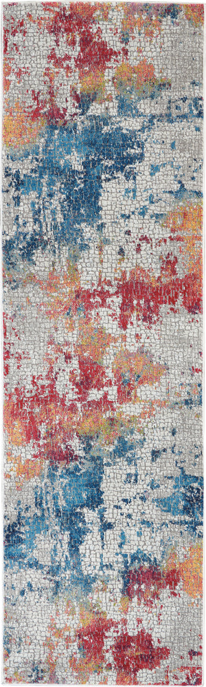 Homeroots 8' Ivory Blue And Orange Abstract Distressed Non Skid Runner Rug  Polypropylene 552582