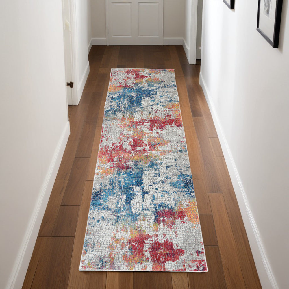 Homeroots 8' Ivory Blue And Orange Abstract Distressed Non Skid Runner Rug  Polypropylene 552582