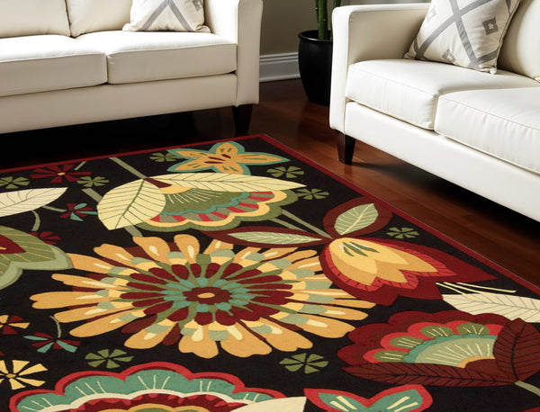 Homeroots 8' X 11' Black And Orange Floral Hand Carved Handmade Area Rug  Polyester 552584