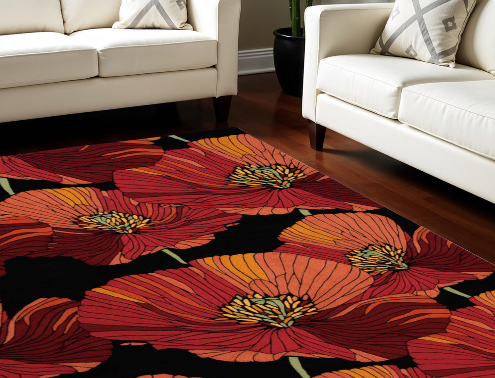 Homeroots 8' X 11' Black And Orange Floral Hand Hooked Area Rug  Polyester 552585