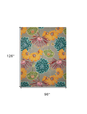 Homeroots 8' X 11' Gray Red And Yellow Floral Hand Carved Handmade Area Rug  Polyester 552594