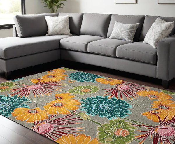 Homeroots 8' X 11' Gray Red And Yellow Floral Hand Carved Handmade Area Rug  Polyester 552594