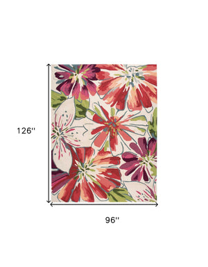 Homeroots 8' X 11' Ivory Green And Red Floral Hand Carved Handmade Area Rug  Polyester 552597