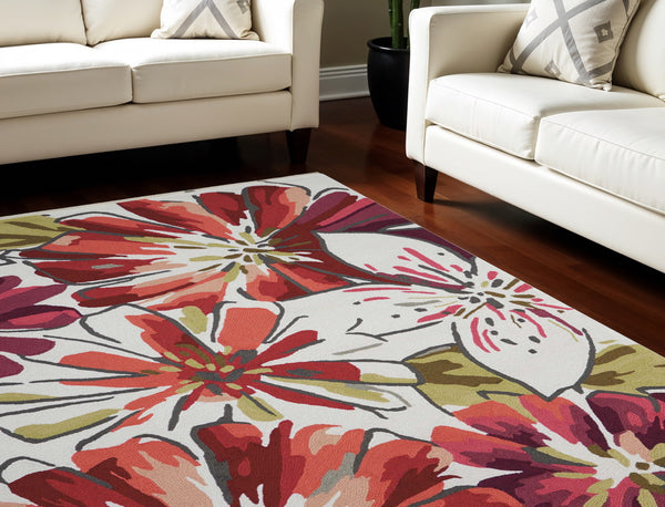 Homeroots 8' X 11' Ivory Green And Red Floral Hand Carved Handmade Area Rug  Polyester 552597