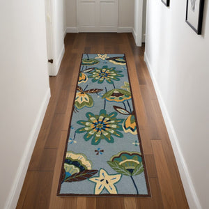 HomeRoots 8' Blue Botanical Leaves Hand-Carved Rug - Unique Artistry, Durable Design for High-Traffic Areas 8' Runner 552600