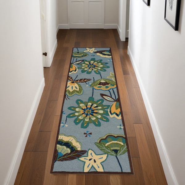 HomeRoots 8' Blue Botanical Leaves Hand-Carved Rug - Unique Artistry, Durable Design for High-Traffic Areas 8' Runner 552600
