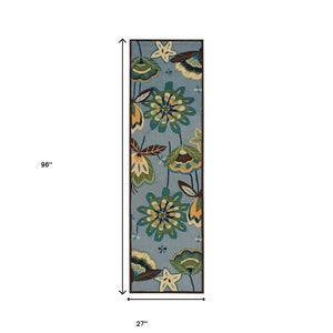 HomeRoots 8' Blue Botanical Leaves Hand-Carved Rug - Unique Artistry, Durable Design for High-Traffic Areas 8' Runner 552600