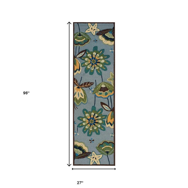 HomeRoots 8' Blue Botanical Leaves Hand-Carved Rug - Unique Artistry, Durable Design for High-Traffic Areas 8' Runner 552600