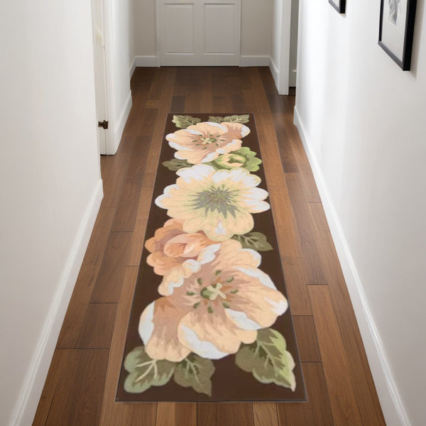 Homeroots 8' Brown And Green Botanical Leaves Hand Hooked Runner Rug  Polyester 552601