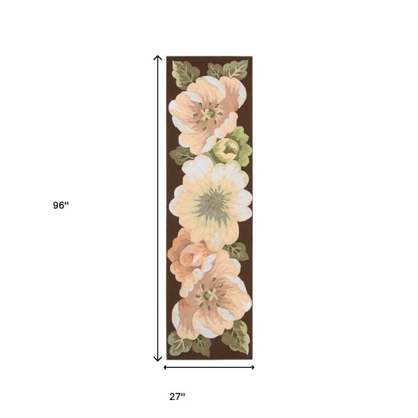 Homeroots 8' Brown And Green Botanical Leaves Hand Hooked Runner Rug  Polyester 552601