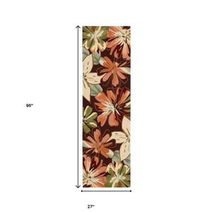 Homeroots 8' Tan And Dark Brown Botanical Leaves Hand Carved Handmade Runner Rug  Polyester 552602
