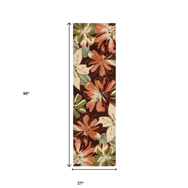 Homeroots 8' Tan And Dark Brown Botanical Leaves Hand Carved Handmade Runner Rug  Polyester 552602
