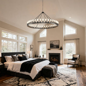 English Elm 64 Inch Wagon Wheel Chandelier 42 Light Matte Black Farmhouse Pendant for Vaulted Rooms W5008P389353