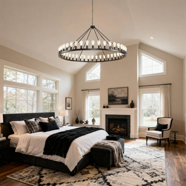 English Elm 64 Inch Wagon Wheel Chandelier 42 Light Matte Black Farmhouse Pendant for Vaulted Rooms W5008P389353