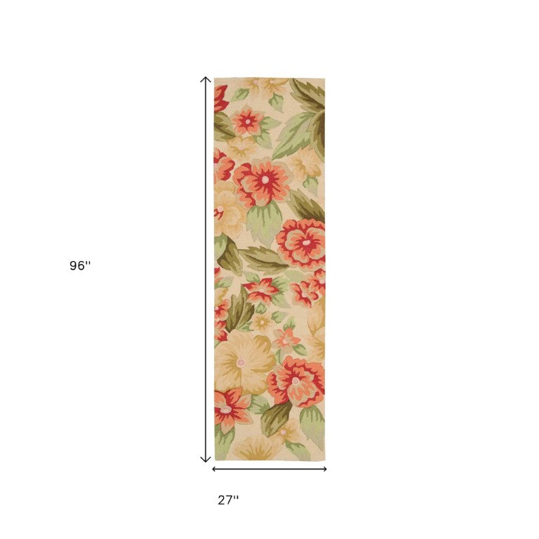 HomeRoots 8 Ft Handmade Botanical Hooked Polyester Runner Rug for Hallway or Entryway 552604