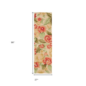 8 Ft Handmade Botanical Hooked Polyester Runner Rug for Hallway or Entryway