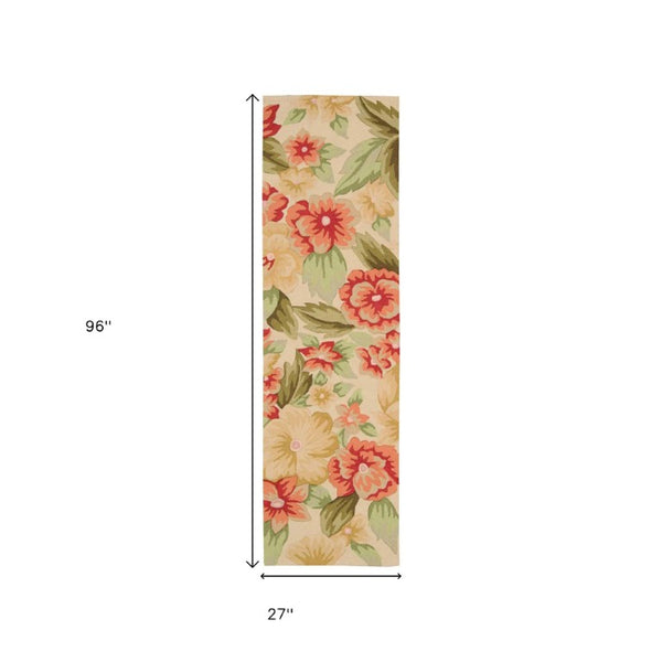 8 Ft Handmade Botanical Hooked Polyester Runner Rug for Hallway or Entryway