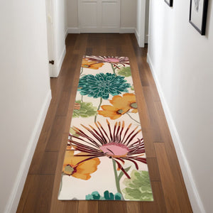 HomeRoots 8' Handmade Ivory Runner Rug with Red and Orange Floral Patterns - Unique, Durable, Stain-Resistant Design 552605